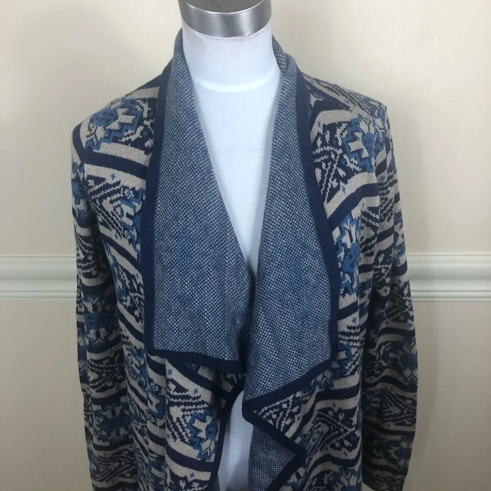 Lucky Brand blue bohemian scarf print knit open duster cardigan S